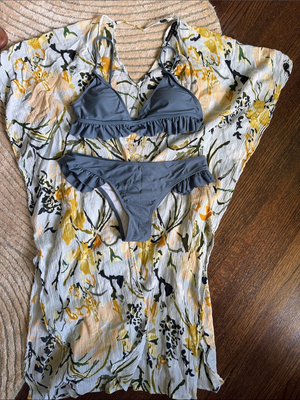 Zaful Blue Ruffle Triangle Bikini Set with Floral cover-up